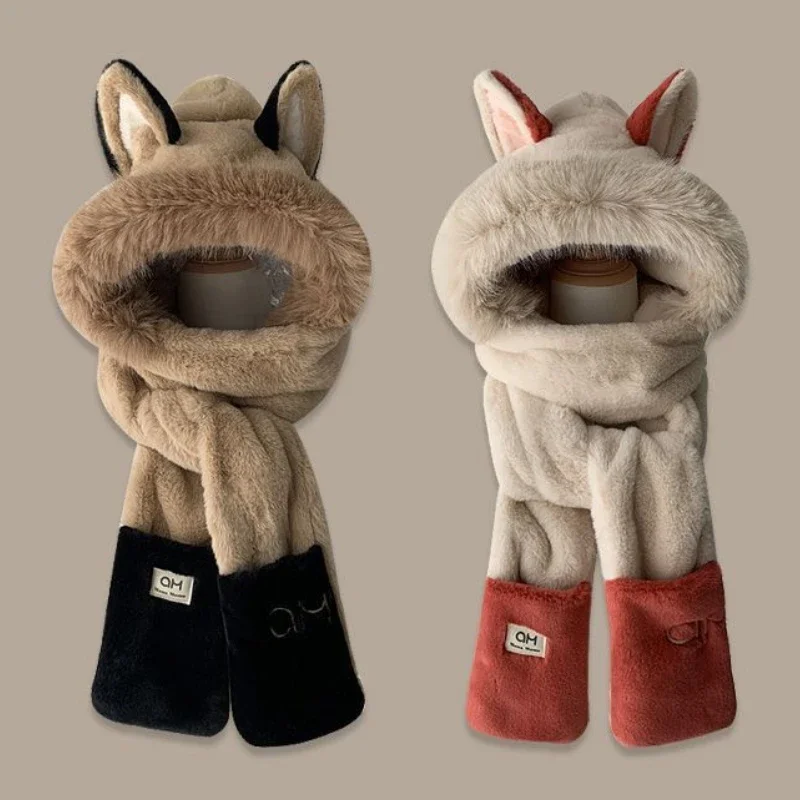 Winter Kids Girls Kawaii One-piece Hat Scarf and Gloves Set Casual Thick Cute Fox-ears Plush Warm Windproof Outdoor Caps Scarves