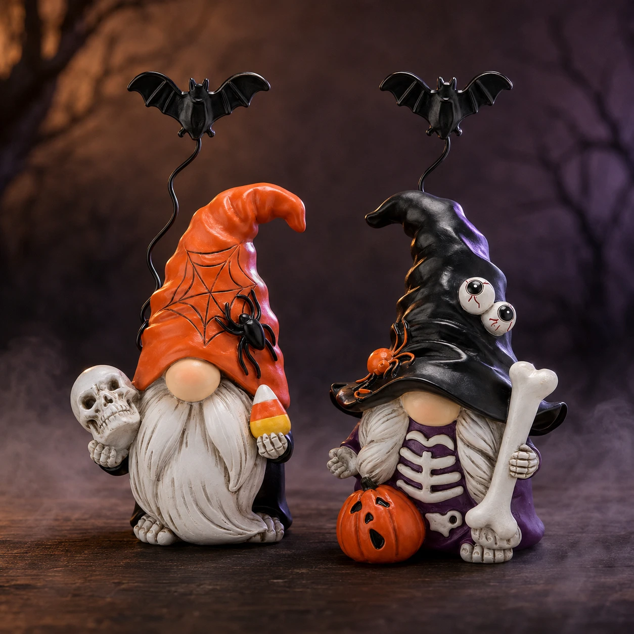 Hodao Resin Halloween Gnome Figurine Set, 2-Piece Pumpkin and Witch Gnome Decor with Spring-Loaded Flying Bat Topper, Skeleton Chest, Skull, Pumpkin and Candy Corn Details,Cute Creepy Hand-Painted Tabletop Ornament for Shelf, Mantel, Fireplace and Holiday