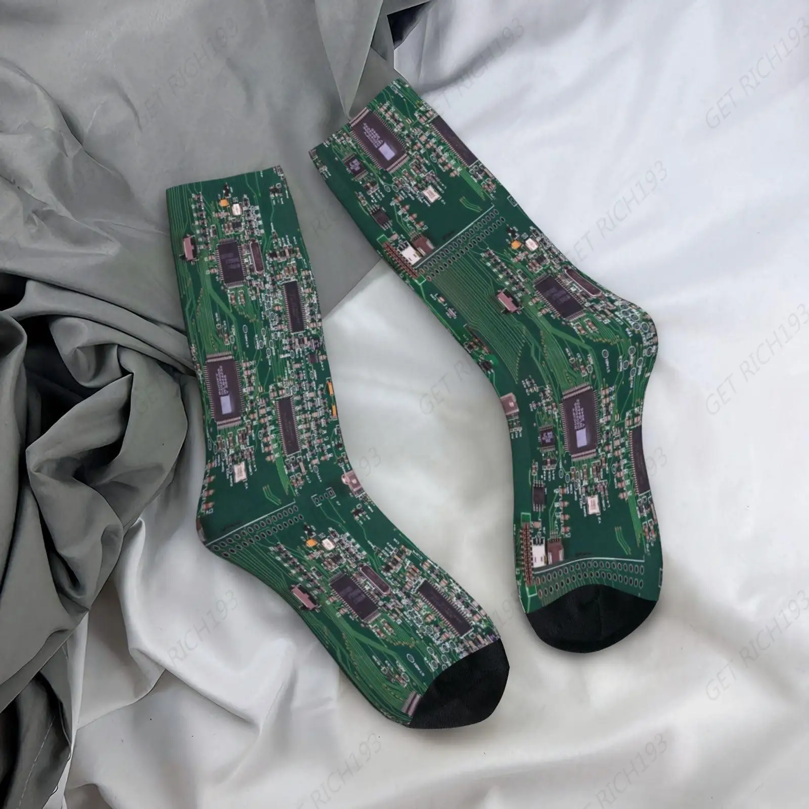 Green Technology Electronic Circuit Board Programming Mid-Calf Boot Socks Soft Breathable Crew Socks Sport Athletic Socks