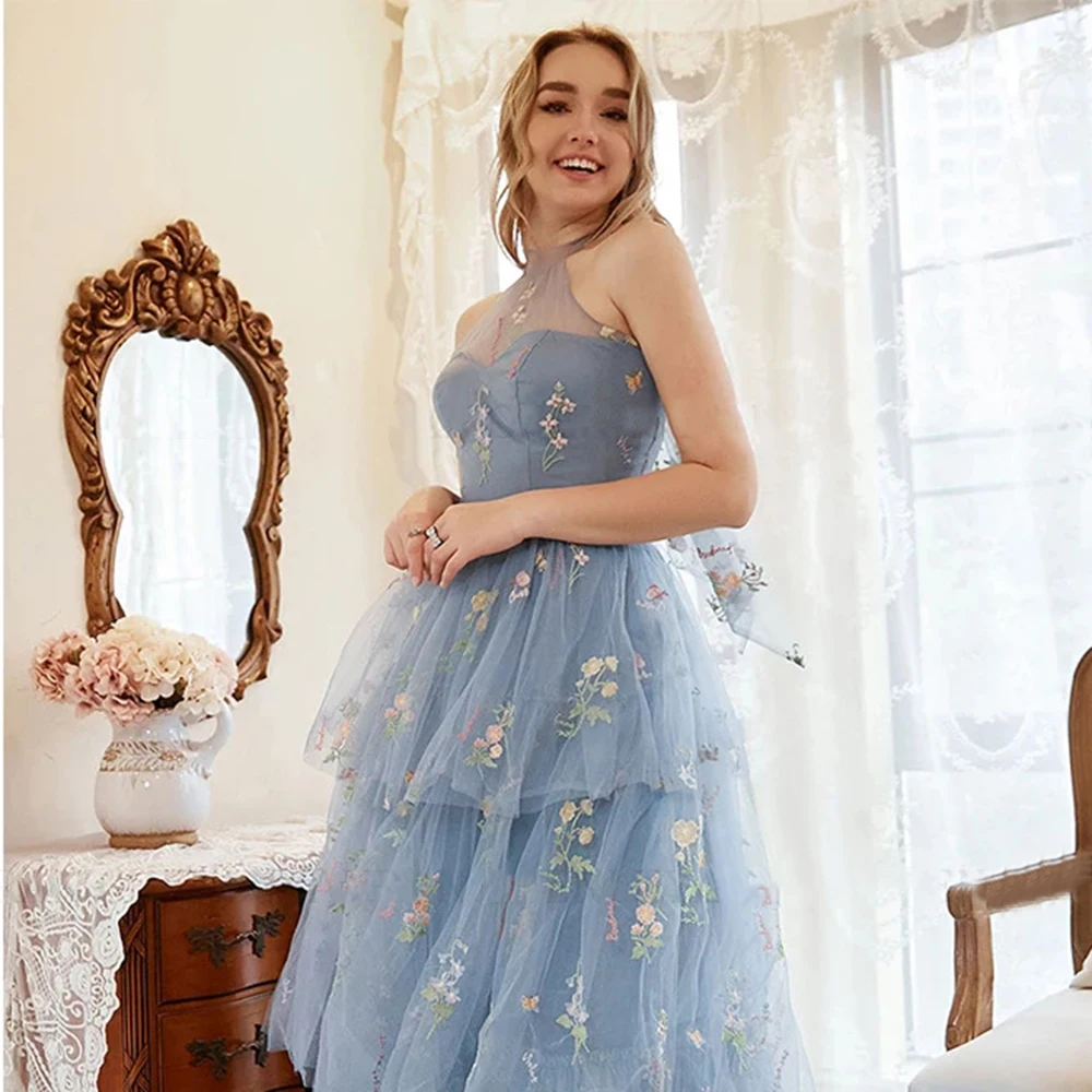 

Yipeisha 2024 Exquisite Flower Blue Tulle Prom Evening Dress A-Line Halter Grey Tiered Floor-Length Party Gowns Sleeveless