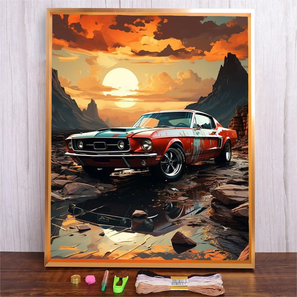 Sunset Vintage Car Cross Stitch Kits Landscape Pattern Design 14ct 11ct Printed Canvas Embroidery DIY Adults Needlework Crafts