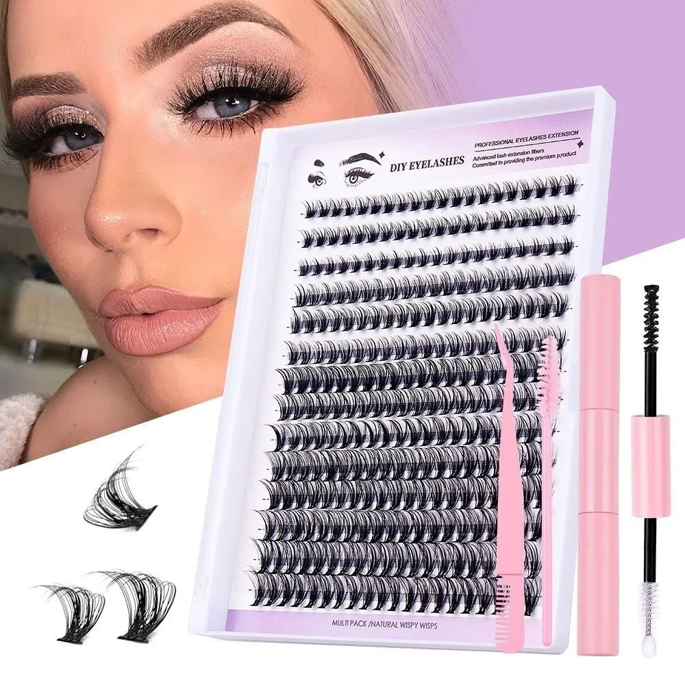 Einfach Anzuwendende 8-12mm Künstliche Wimpern DIY Wimpernverlängerungs-Set mit Wimpernbürste, Kleber und Versiegelung für Wimpernbüschel