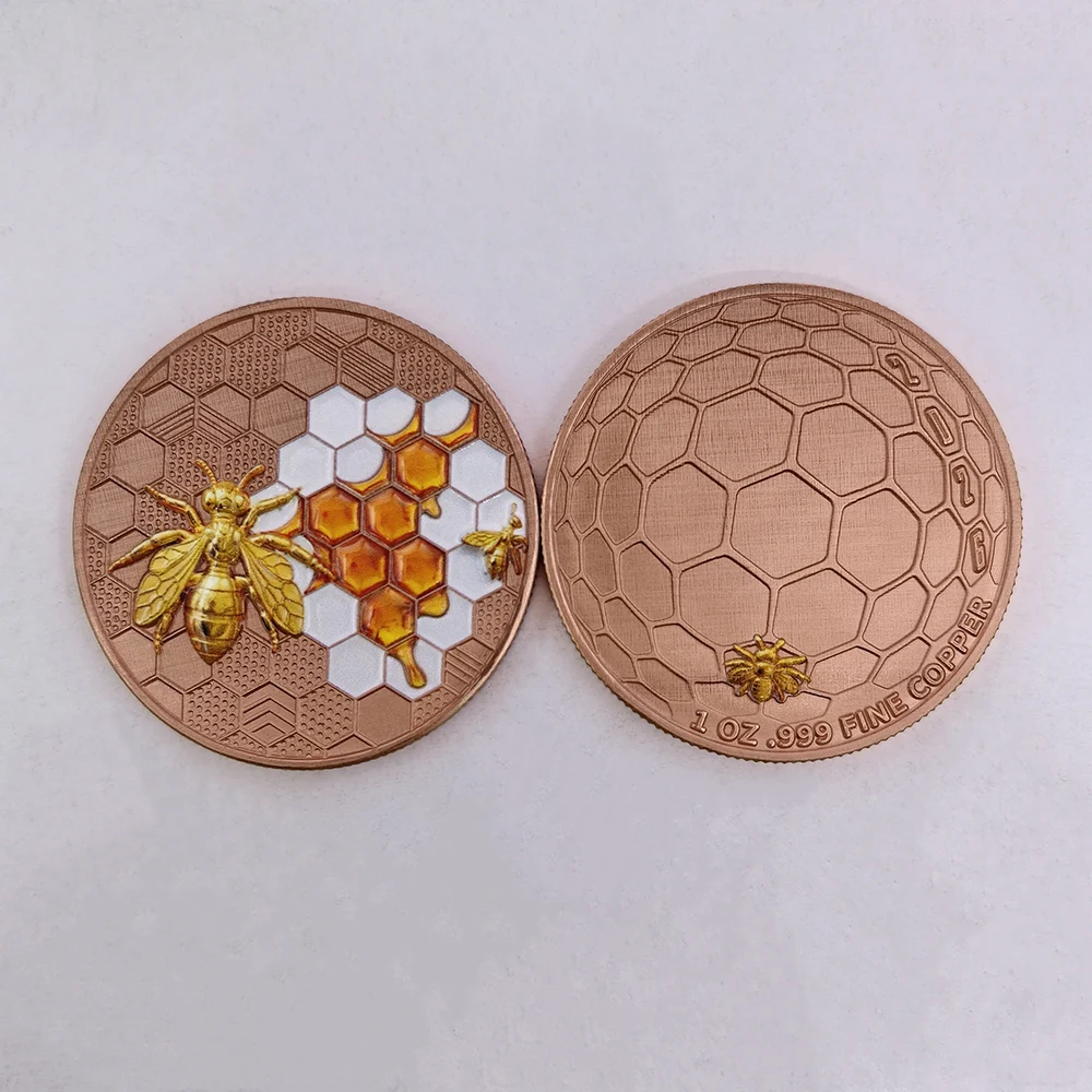 1 OZ .999 Fine Copper Honey Bee Honeycomb Enamel Art Commemorative Coin Collectible Souvenir Home Decoration Gift