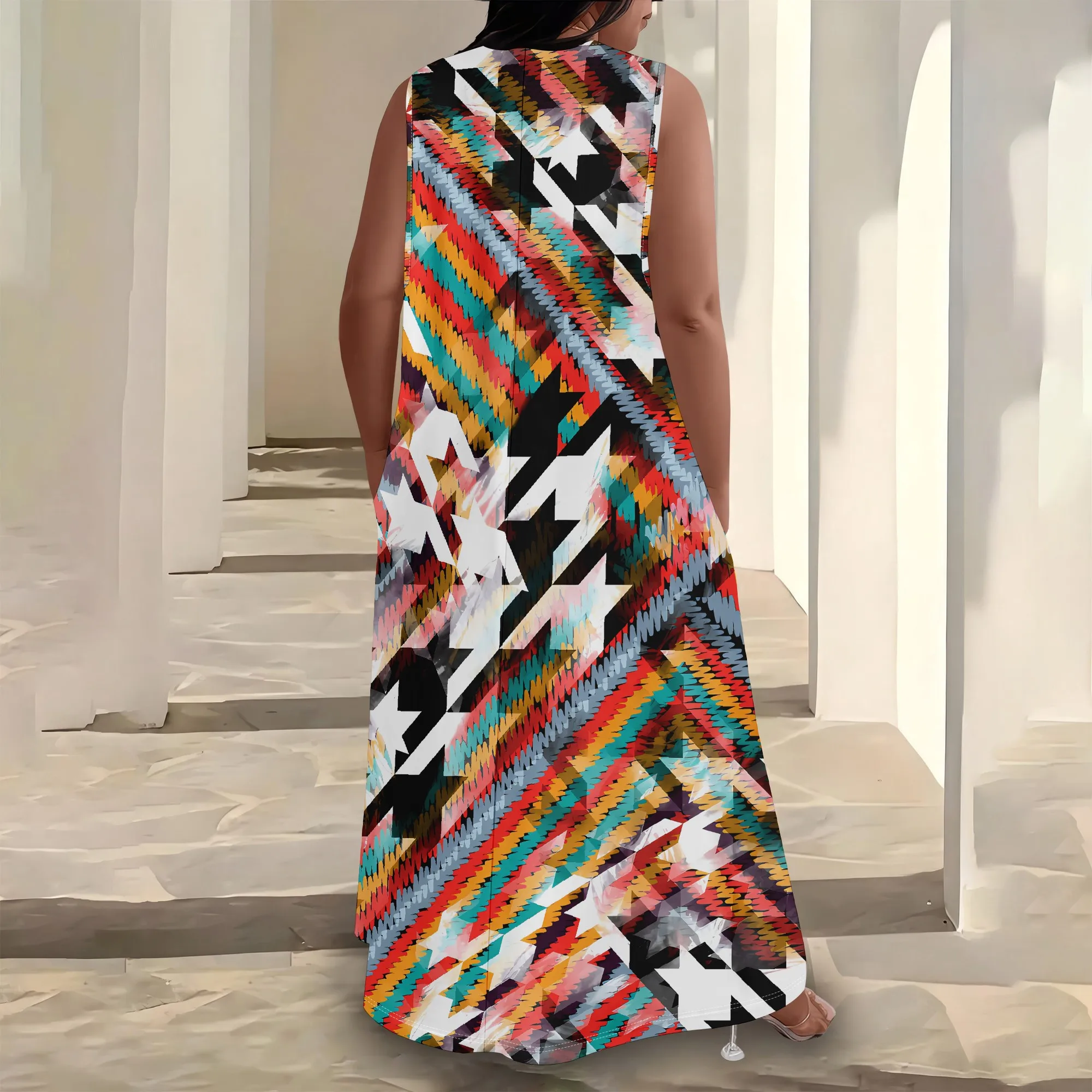 Sukienka letnia plus size damska, modna, z nadrukiem w stylu afrykańskim, bez rękawów, z okrągłym dekoltem w kształcie litery V, luźna i codzienna.