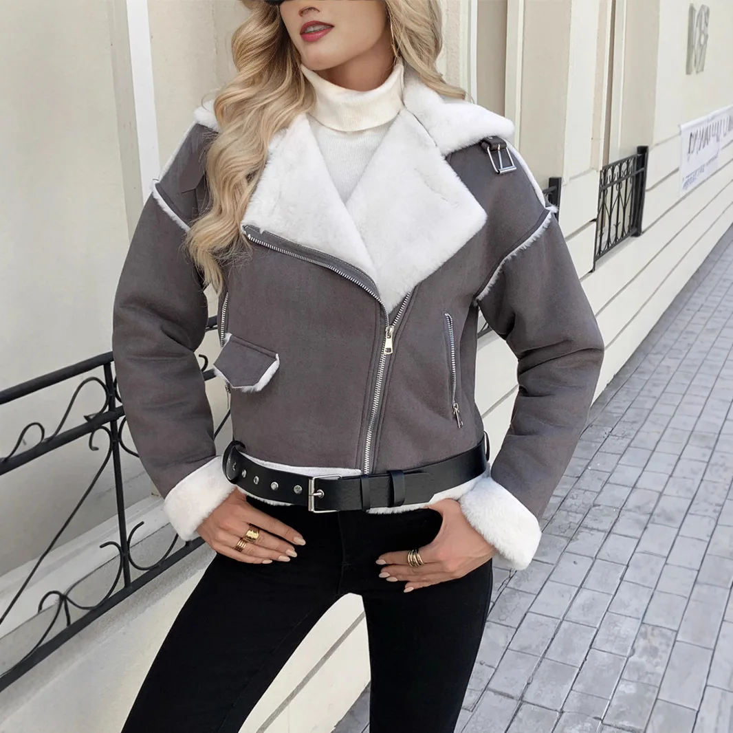 Winter Women Suede Lamb Jacket Short Coat Vintage Punk Motorcycle Coats Warm Thick Faux Fur Lambswool Fleece Jackets Outwear