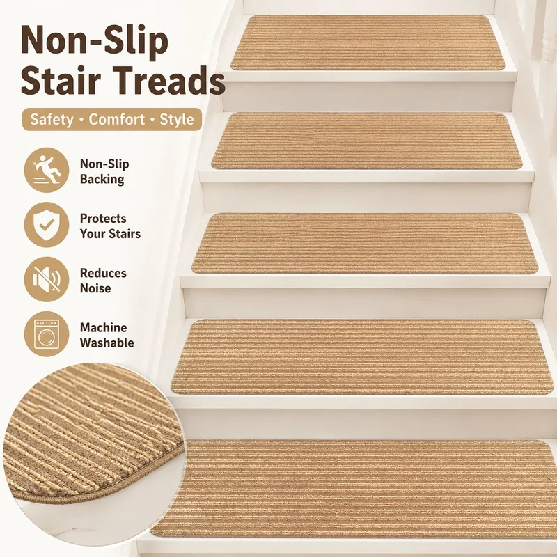 Non-Slip Stair Treads for Wooden Steps, Self-Adhesive Carpet Mats, Peel and Stick Indoor Step Pads with Double Stripe Texture