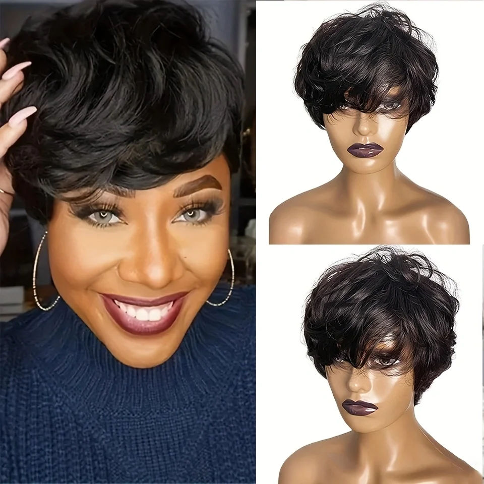 

Short Pixie Cut Human Hair Wig With Bangs, Machine Made Wigs Human Hair, Women Big Curly Wave Brazilian Remy Human Hair