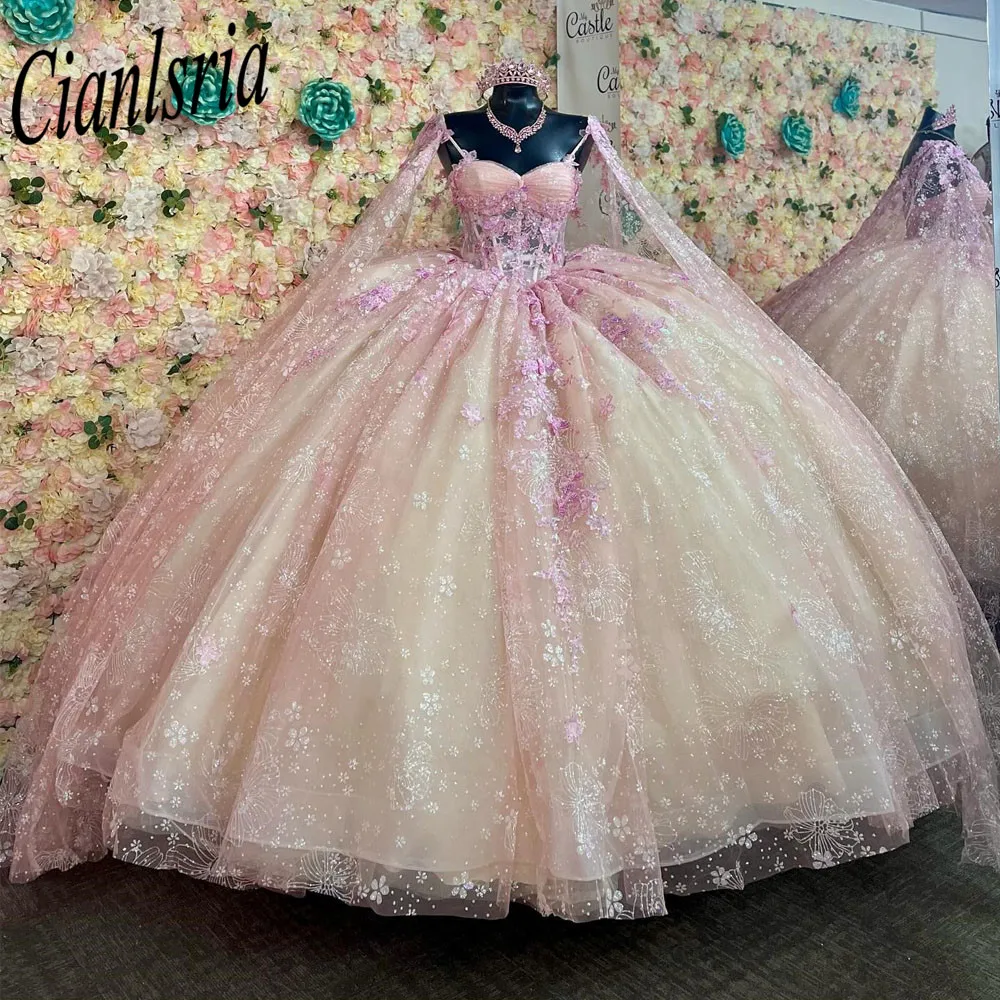

Блестящие платья принцессы с блестками и кристаллами, иллюзия Quinceanera, бальное платье на тонких бретельках, аппликации Sweet 15, Vestidos De XV Años