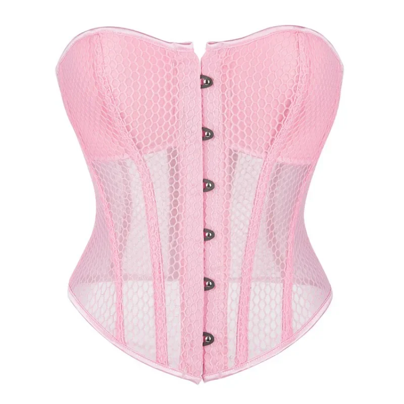 Women Lace Up Sexy Transparent Mesh Boned Corset Overbust Bustier Lingerie Bodyshaper Top Corsets Top