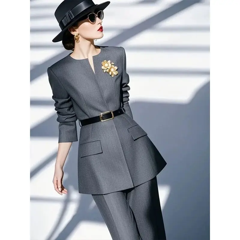 أزياء مزاجه المرأة البدلة الربيع والخريف النسخة الكورية رمادي أعلى السراويل أنيقة المرأة قطعتين مجموعة