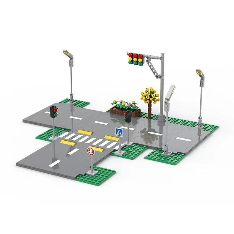 MOC – blocs de construction de route série City, jouets de bricolage, plaque de base de groupe de ville, vue sur la rue, panneau de route d'autoroute, petites particules