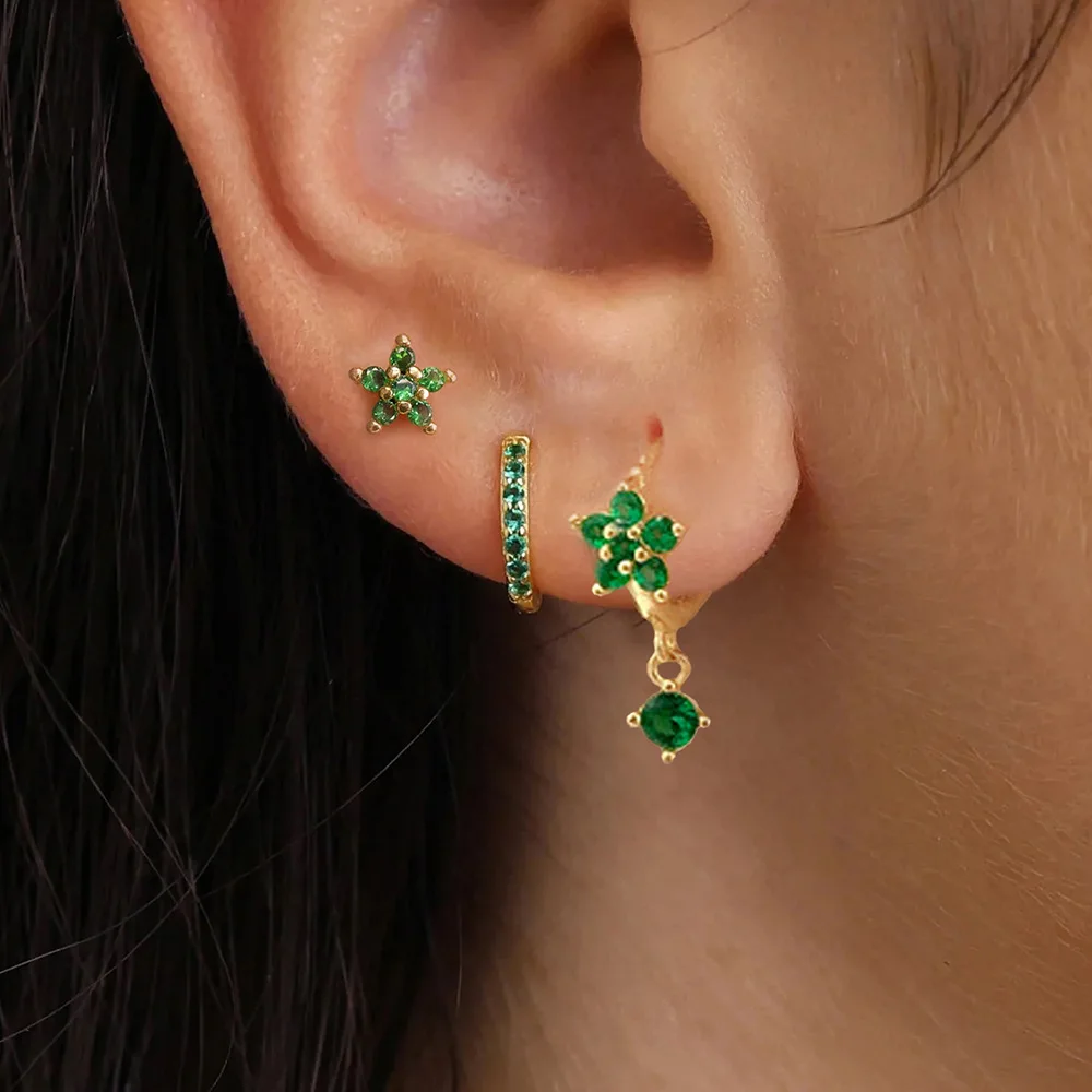 3pcs Green Crystal Zirconia Huggie Earrings Set for Women 18K Gold Plated Flower Hoop Earrings Piercing Jewelry