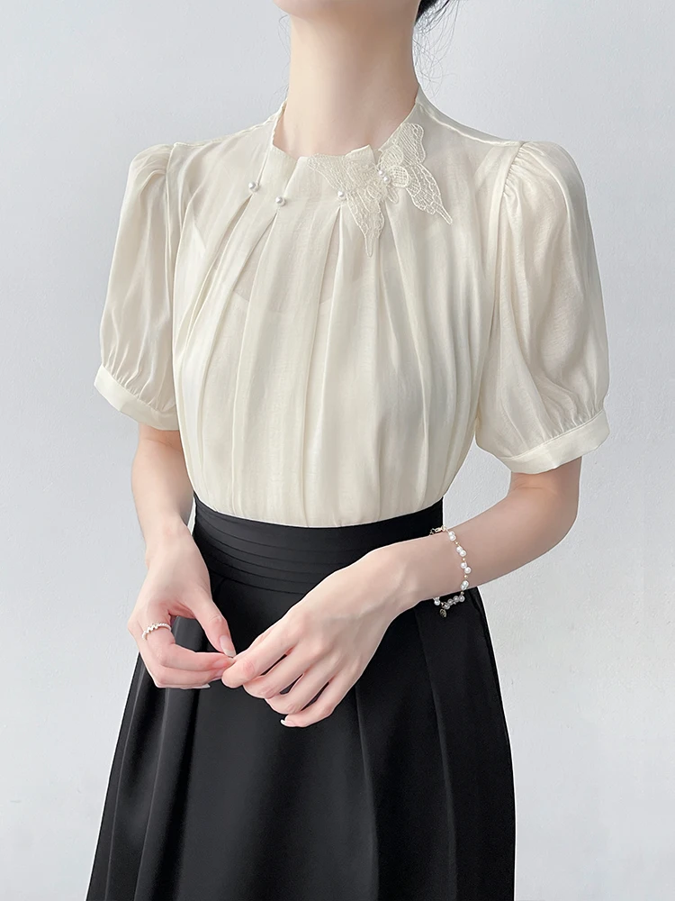 

Korean Sle Pleated Stand Collar ort Sve Chiffon irt Women's Summer New Pure Color Commute Bubble Sve Top