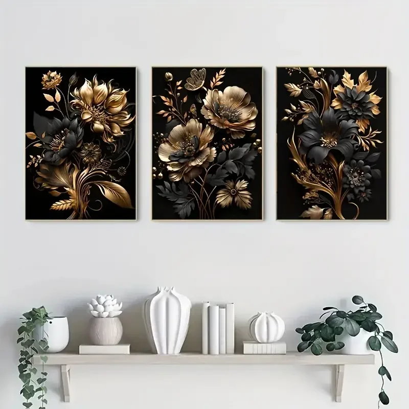 3pcs Modern Nordic Flower Poster Elegant Wall Art for Living Room Home Decor Black Gold Canvas Painting Wall Art Decor Poster