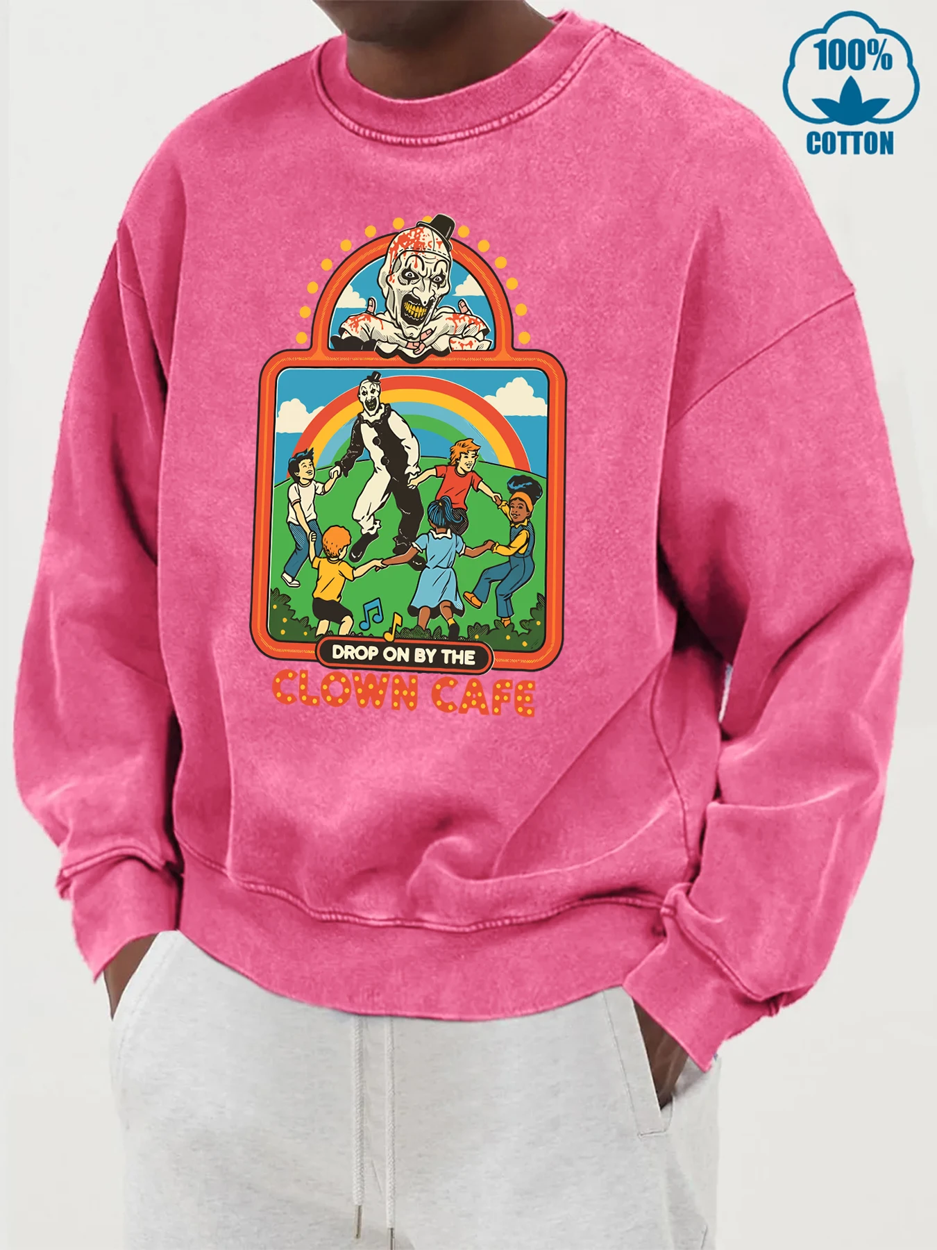 Clown Cafe Design Male Washed Cotton Sweatshirt Oversize Pullovers Hip Hop Streetwer Autumn Fashion Clothing Casual Loose Tops