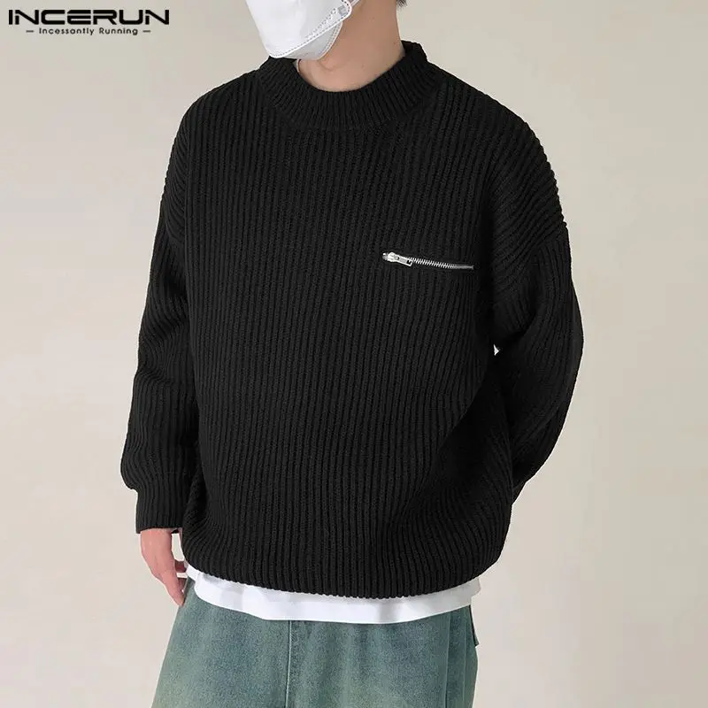 

INCERUN Tops 2023 Handsome Men's Zipper Design Solid Knitted Sweater Casual Well Fitting All-match Long Sleeved Pullovers S-5XL