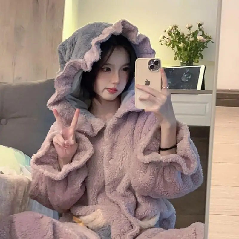 

Женский милый пижамный комплект с капюшоном, коралловый флис, зимняя теплая одежда для сна, уютная удобная фланелевая домашняя одежда, домашняя одежда, ночная рубашка, костюм