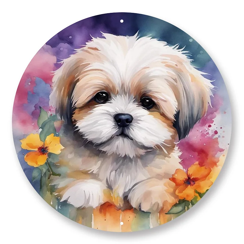 1pc 8x8inch Aluminum Metal Sign Shih Tzu Watercolor Wreath Sign, Puppy Shih Tzu Sign, Dog Attachment