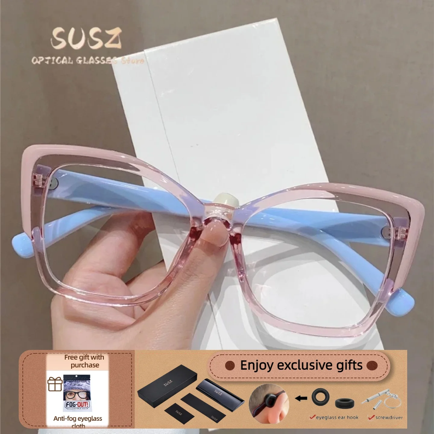 

SUSZ Reading Glasses Rectangle Cat Eye Oversize Frame Prescription Optical Glasses Blue Light Blocking Myopia Glasses