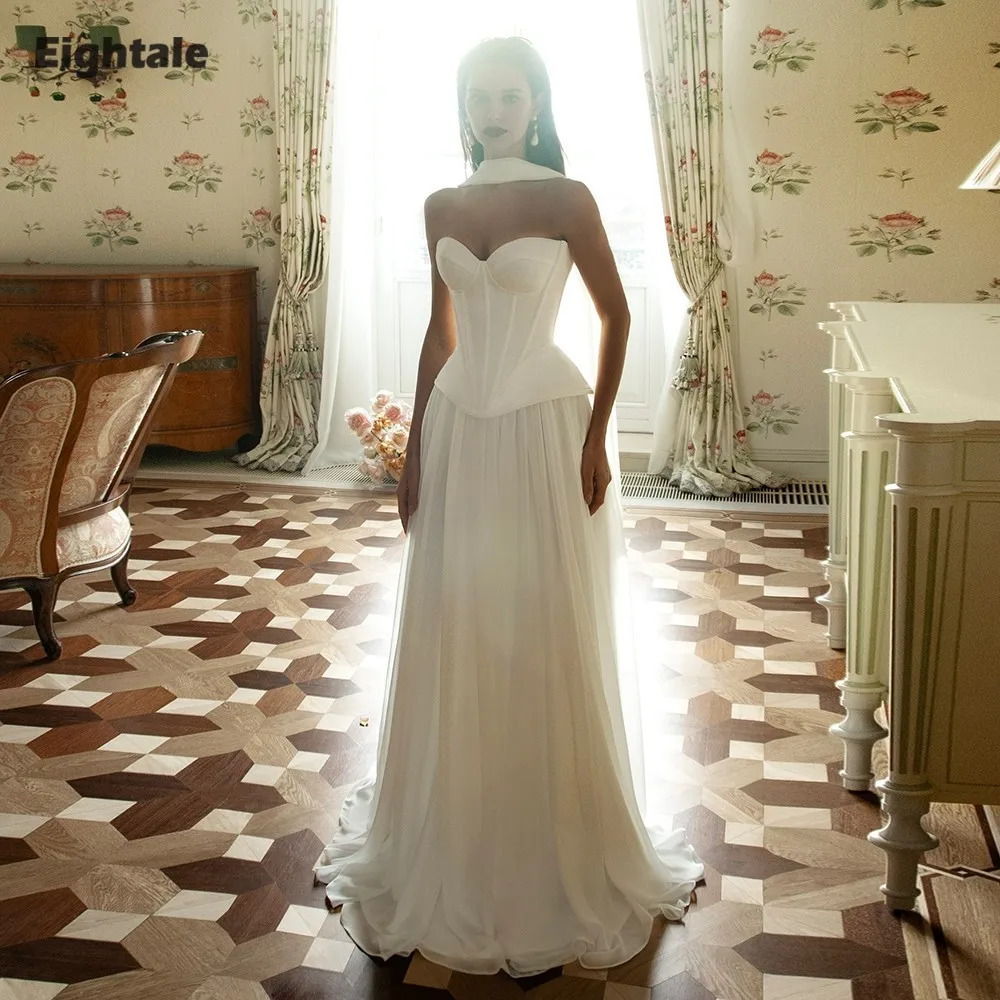 Eightale 아랍어 웨딩 드레스 스윗하트 맞춤형 아이보리 새틴 쉬폰 바닥 길이 신부 가운 백리스 신부 파티 드레스