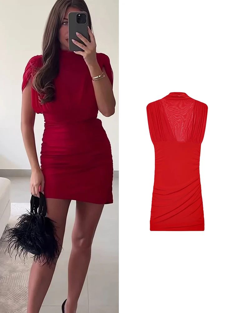 TFMLN Women Sexy Mesh Splice Mini Dress Pure Color Round Neck Sleeveless Dress New Summer Style Ladies Folds Elegant Short Dress