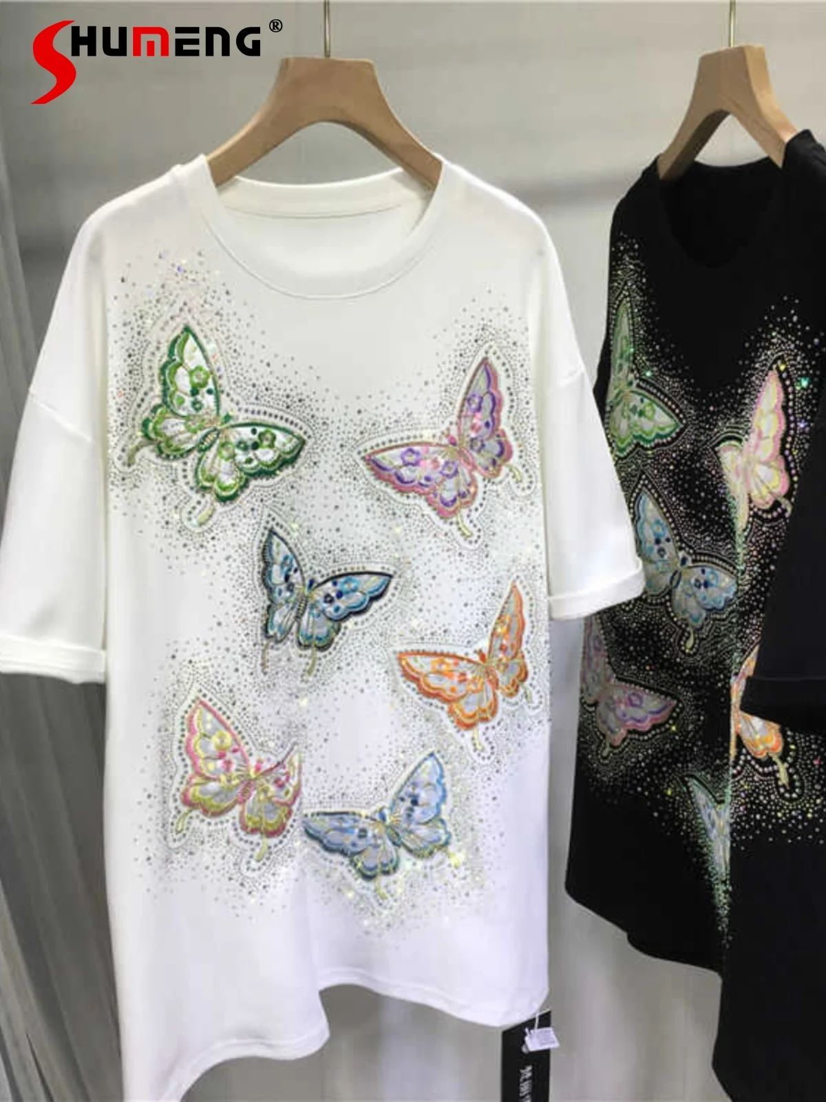 Women's 2024 Summer Mid-Length Over Size T-shirts Short Sleeve Round Neck Top Feminine Rhinestone Butterfly Short Sleeve T-shirt