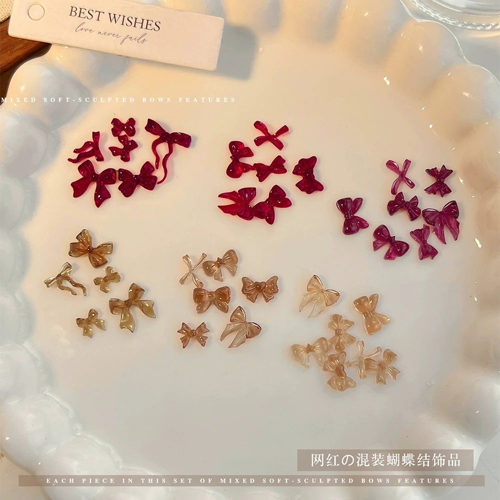 50pcs 3D Khaki Mix Ribbons Bows Nail Charms Jelly Resin Elegant Bow Tie French Nail Art Decoration Chic Bow Manicure Accessories