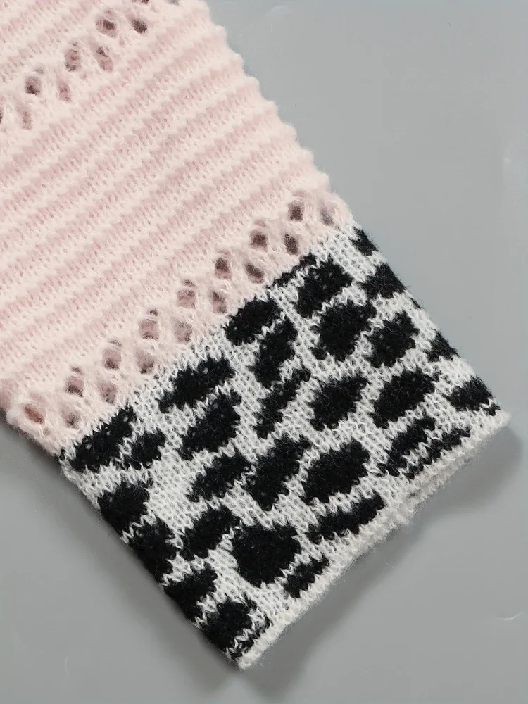 Maglione a blocchi di colore con stampa leopardata con cappuccio pop autunno e inverno da donna taglie forti Materiale acrilico stile casual