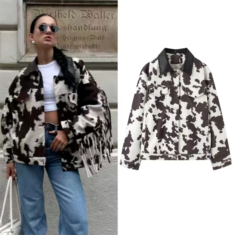 

Women's Coat 2025 Winter New Style Red-Brown Cow Print Long Sleeve Fringe Decor Vintage Style Coat Casual Fashion Versatile