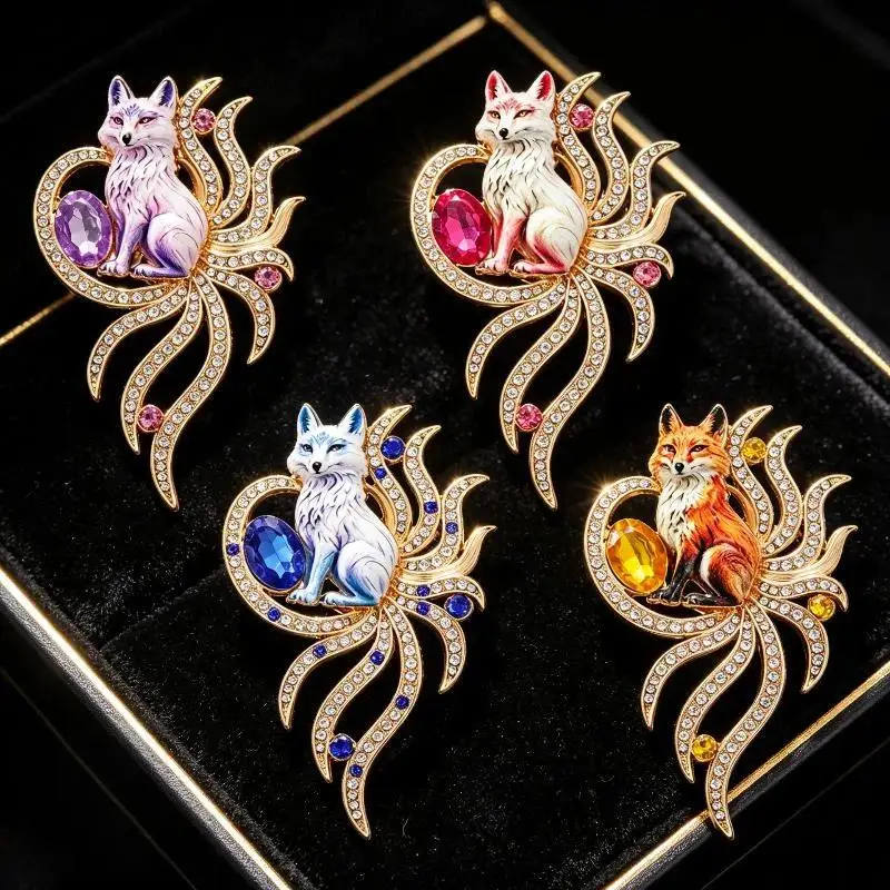 1Pcs Rhinestone Beautiful 9-tails Fox Spirit Party Casual Brooch Pin Charming Fox Brooches Gifts Coat Backpack Decor