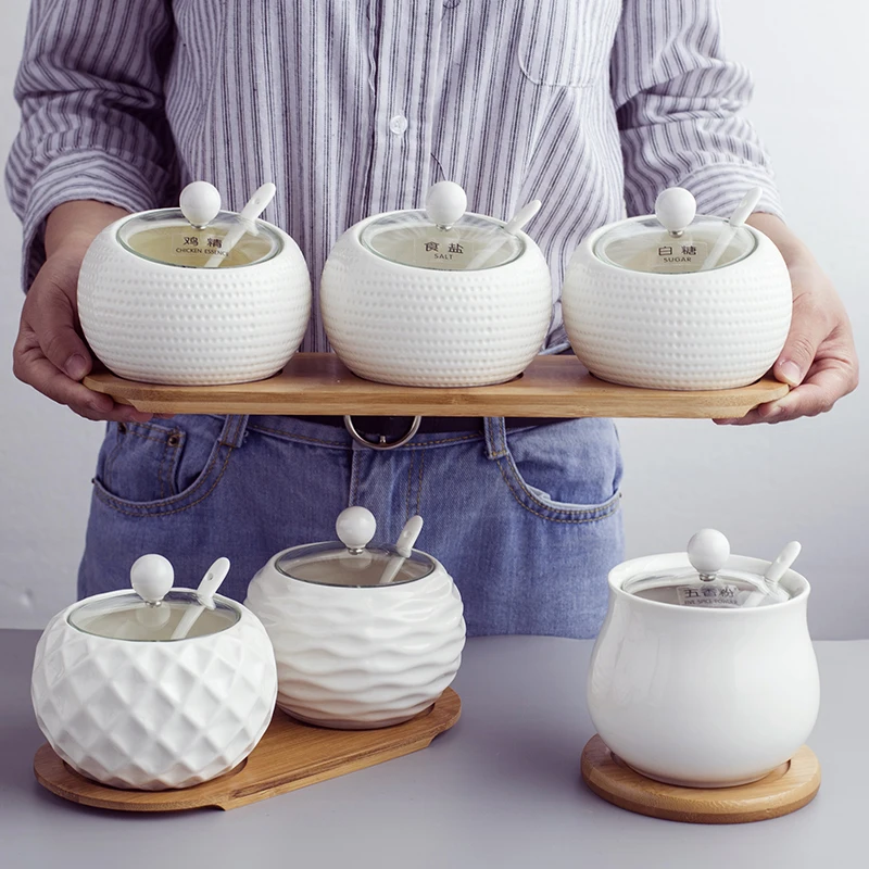 Kitchen Household Ceramic Seasoning Jar Glass Cover Condiment Box Combination Set Single MSG Chili Salt Shaker Tools