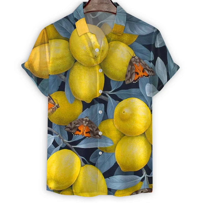 Lemon Chrysanthemum Mushroom 3d Print Shirt For Men Summer Hawaiian Shirts Beach Short Sleeves Tops Lapel Button Aloha Blouse