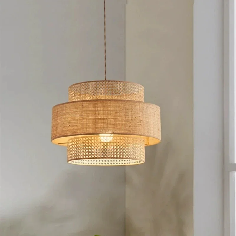 

Japanese Pendant Lights Artistic Woven Rattan LED Senior Chandelier Parlor Bedroom Bar Counter Restaurant Home Decor Lighting