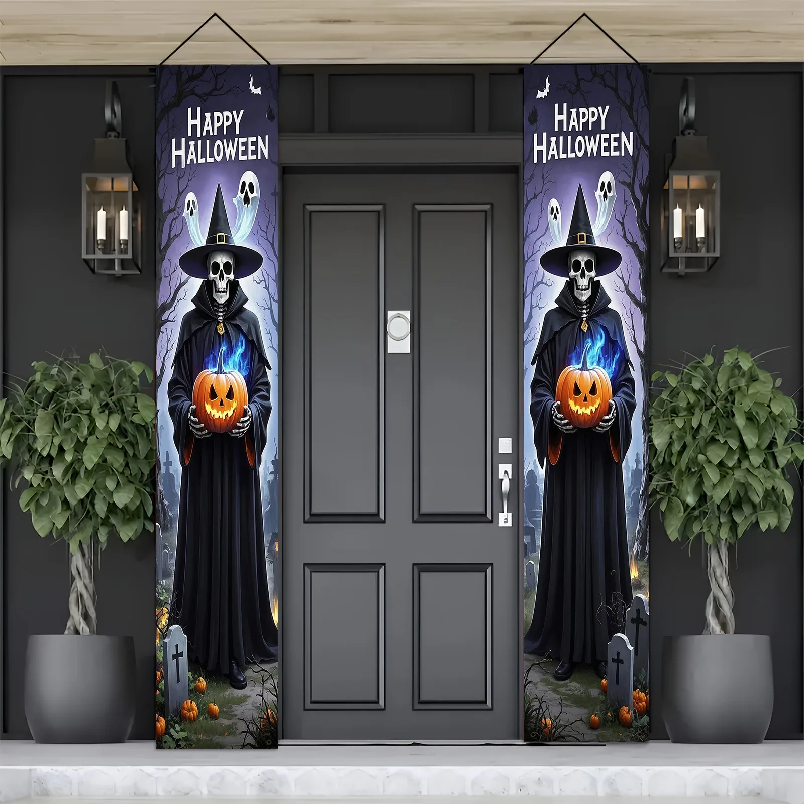 Halloween-Türbanner-Set: Sensenmann, Geist, Kürbis, Veranda-Schild, Polyester-Hängeflagge für Haustür, Garten, Outdoor-Party-Dekoration
