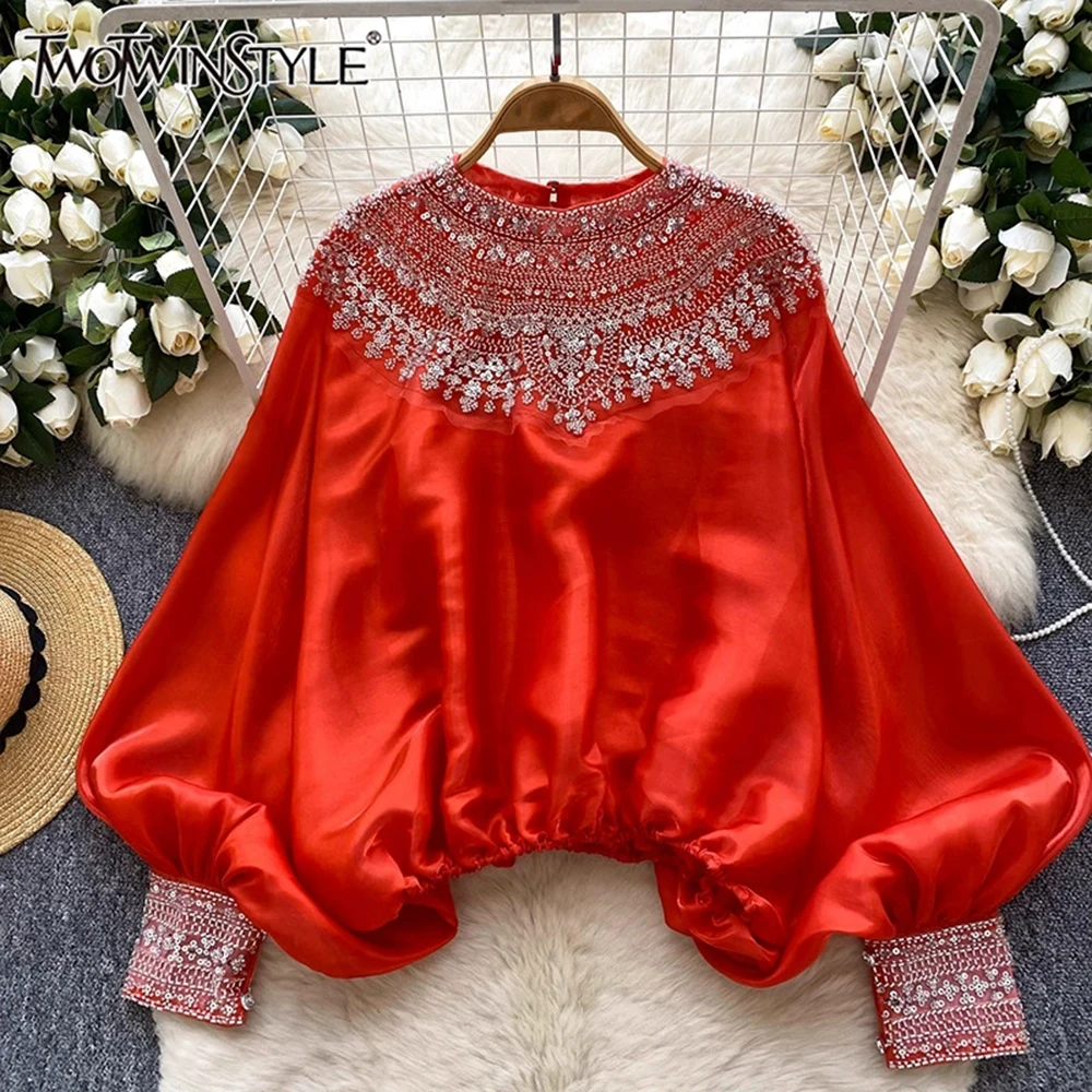 

TWOTWINSTYLE Vintge Solid Loose Spliced Appliques Blouses For Women Round Neck Long Sleeve Chic Shirts Female Fashion KBL547088
