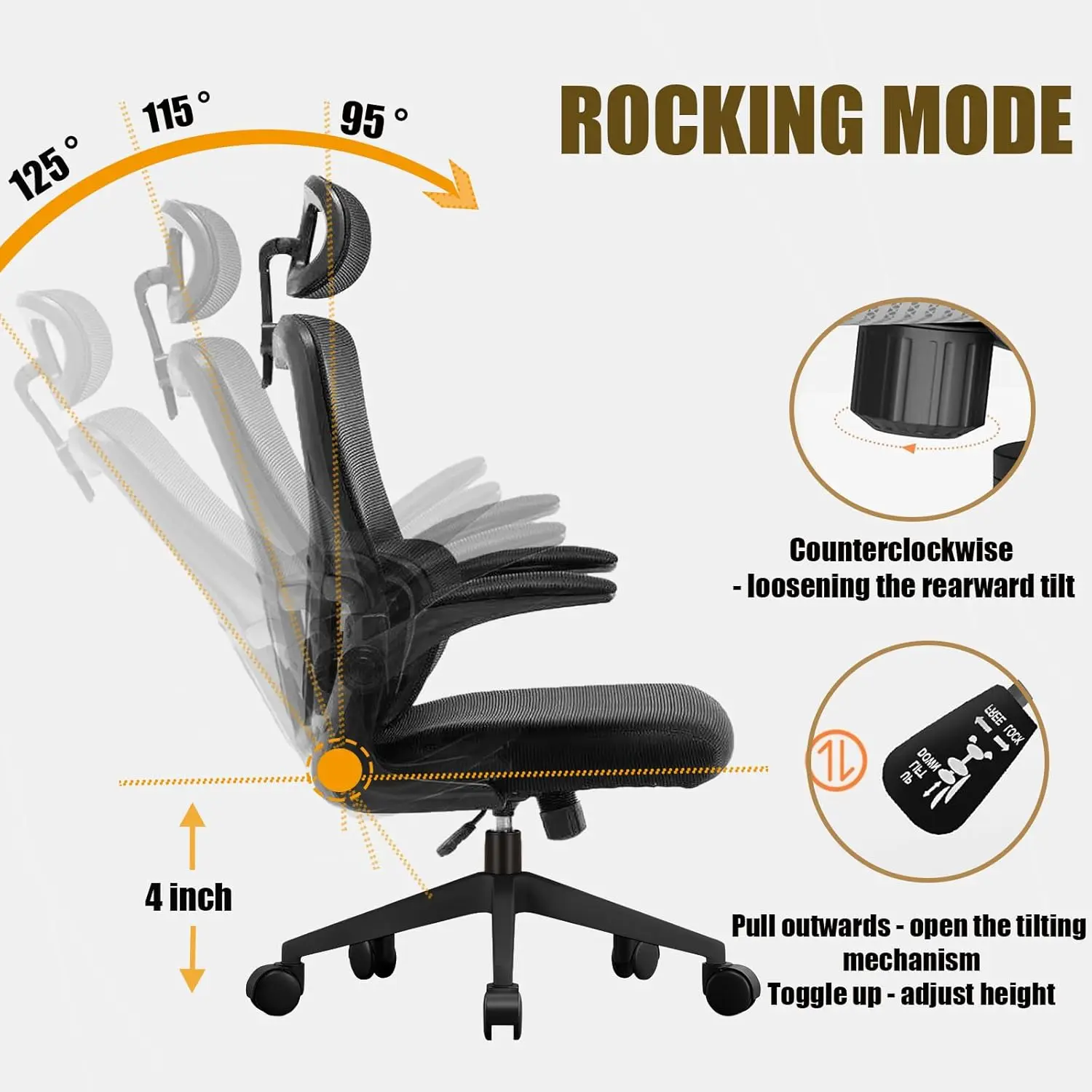 Computer office chair with FILP upward armrest gaming chair, lumbar support, adjustable headrest height rotating chair