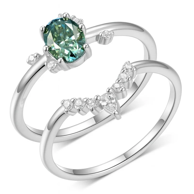 

ZFSILVER 925 Silver Fashion Luxury Trend Color D Moissanite Green Oval Double Ring Charm Women Wedding Party Jewelry Gift MR0153