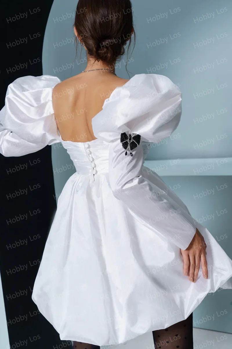 Imagem -02 - Vestido Curto Bonito Elegante Branco para Mulheres Mangas Compridas Vestido de Baile de Cetim Inchado Vestido de Casamento Formal Personalizado