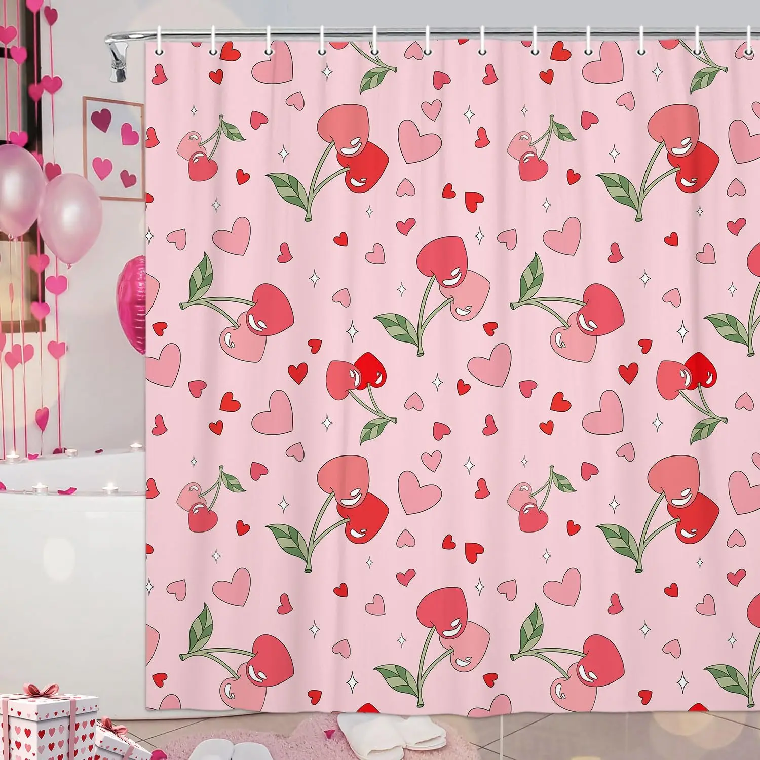 Vintage Cherry Shower Curtain Pink Retro Groovy Funky Chic Retro 70s Bathroom Accessories Valentines Romantic Love Heart Cute