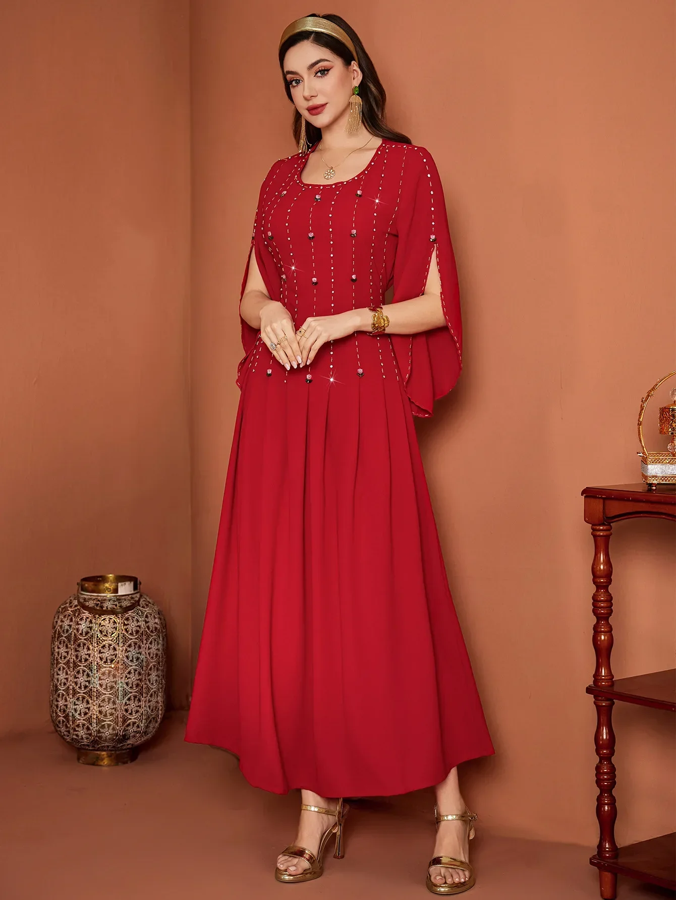 ชุดเดรสอีดสำหรับผู้หญิงมุสลิม อาบายะ ปักมือประดับเพชร งานปาร์ตี้ ชุดเดรสยาว คาฟตัน จาลาบียะ รอมฎอน ชุดคลุมยาวแบบอาหรับ