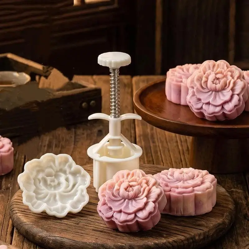 Mid Autumn Festival Round Mooncake Mold 75g Peony Flower Shape Moon Cake Mould DIY Fondant Cake Decoration Tools Hand Press Mold