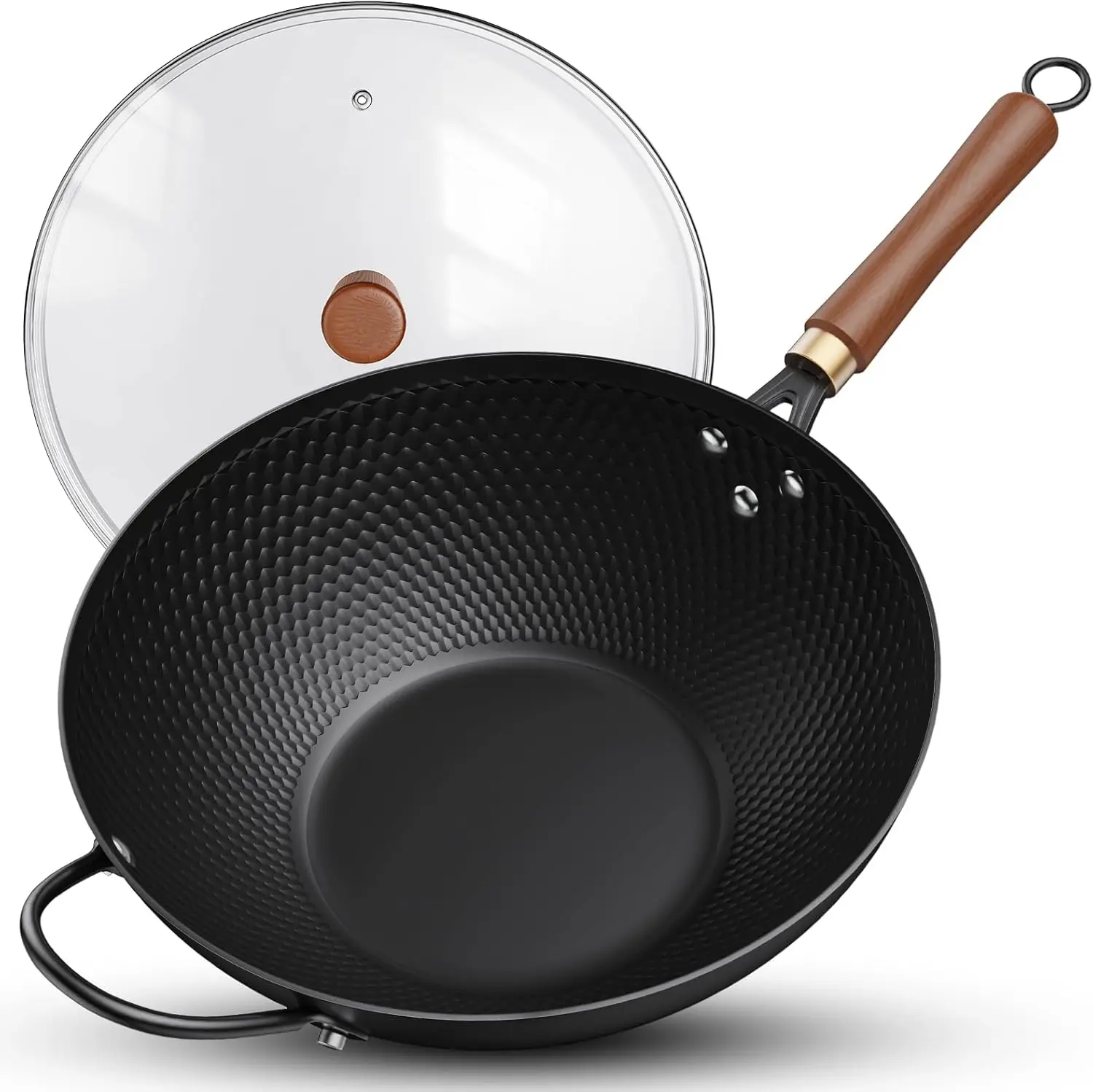 

13-Inch Carbon Steel Nonstick Wok with Glass Cover, Compatible with All Stoves for Healthy Cooking
