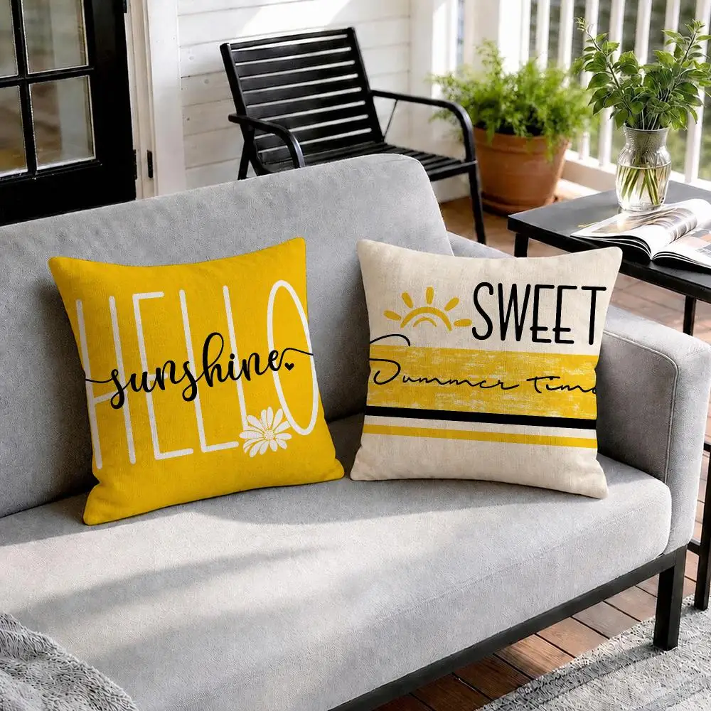 Yellow Hello Summer Cushion Cover Natural Linen Organic Fabric Double-Sided Printing Sofa Home Decor Gift Pillow Cover