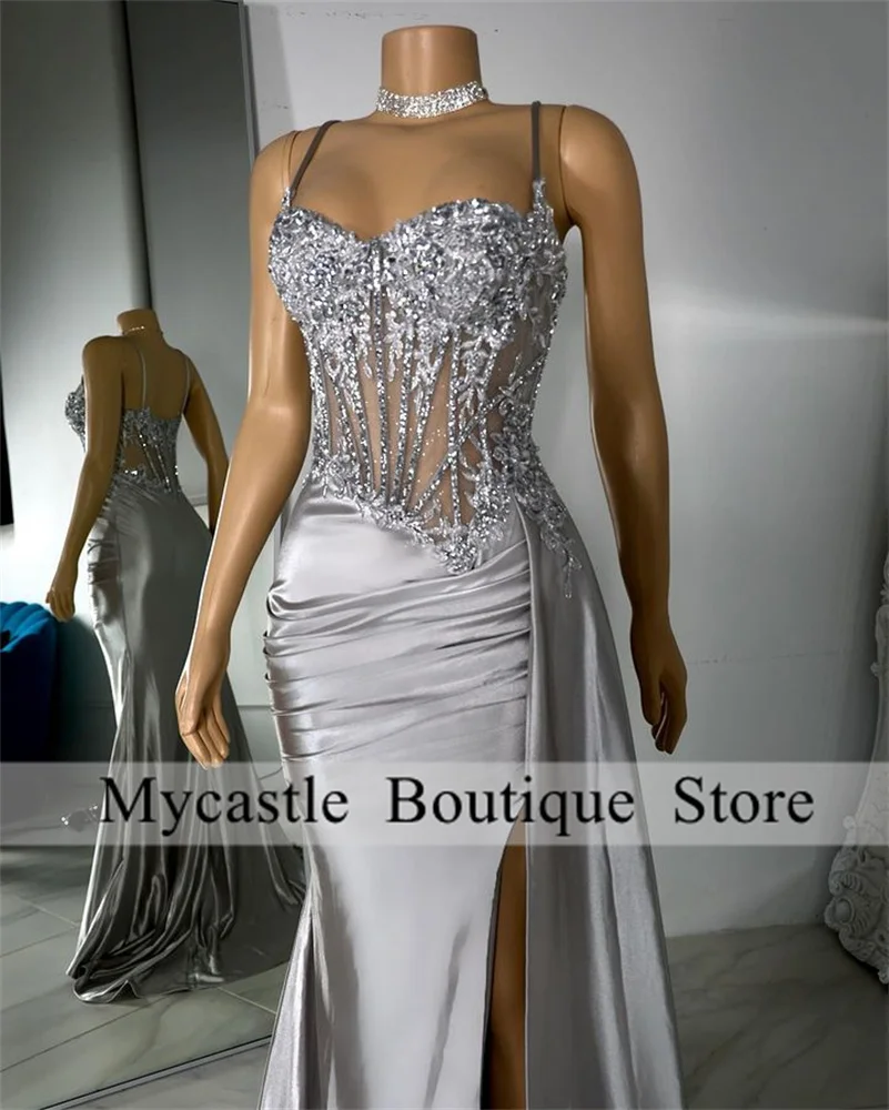 Silver Beaded Spaghetti High Split Prom Dress 205 For Black Girl Mermaid Evening Dress Wedding Party Formal Gowns Customized