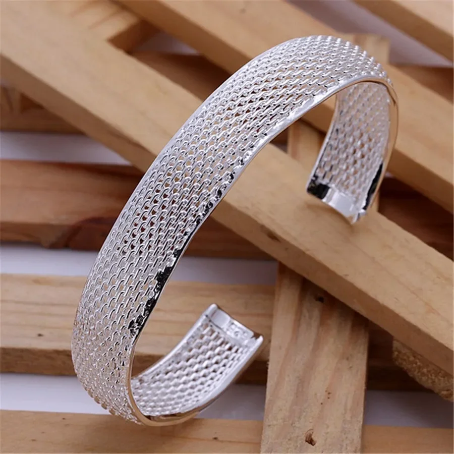 

New 925 Sterling Silver Bracelets for Women Elegant Net Bangle Adjustable Jewelry Fashion Party Girl Student Christmas Gifts