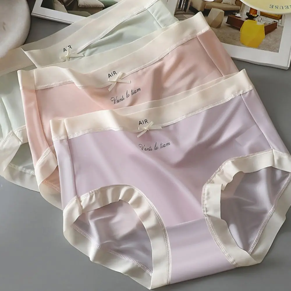 

5PCS Mid Waist Ice Silk Panties Bowknot Cotton Crotch Seamless Briefs Female Lingerie Mesh Underwear Women's Thin Underpants