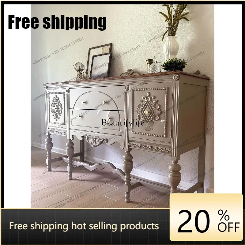 JJ French Retro Solid Wood Sideboard American Style Living Room Carved Decorative Wall-Mounted Cabinet Furniture