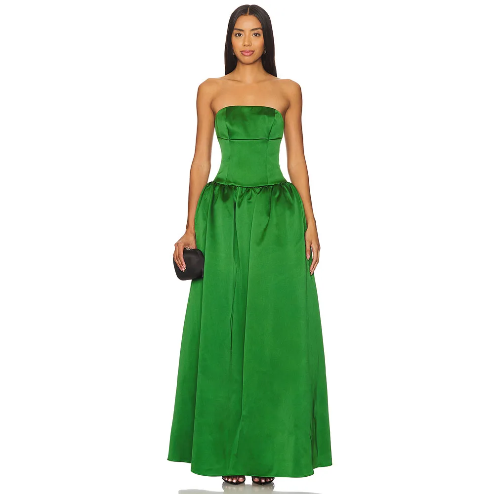 

Modern A Line Evening Dress Green Strapless Prom Gown Floor Length Formal Party Dress With Pocket Simple Women's Evening Gown