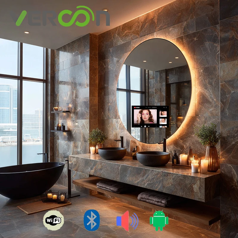 Vercon Smart Bathroom Mirror Magic Mirror TV Android 10.1inch Screen Bluetooth Wifi Speakers YouTube Health Tracking Dia:800mm