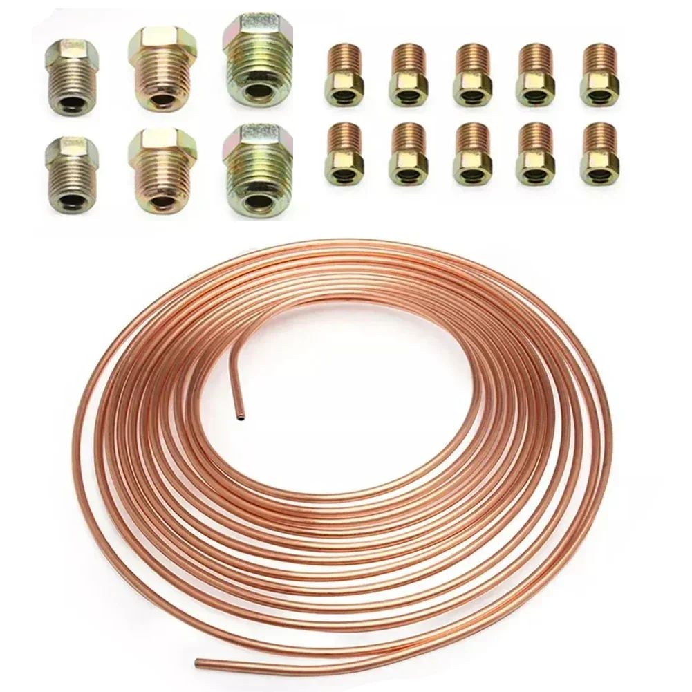 3/16 Brake Line Tubing Roll 25 Ft Copper Coated Flexible Tube Roll 16 Fittings For Hydraulic Lines, Fuel Lines Or Brake Lines,